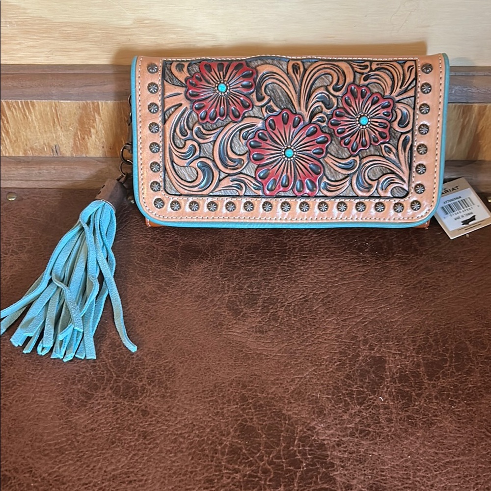 Ariat Tan and Blue Floral Clutch with Tassel